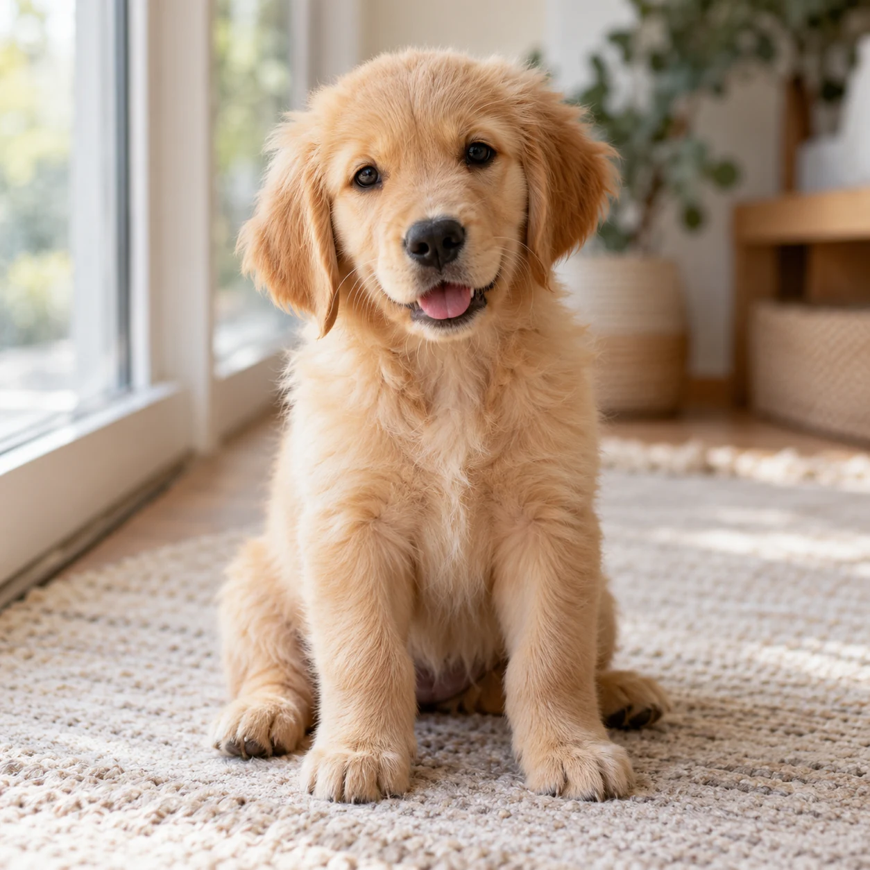 A golden retriever puppy beside a sunlit window